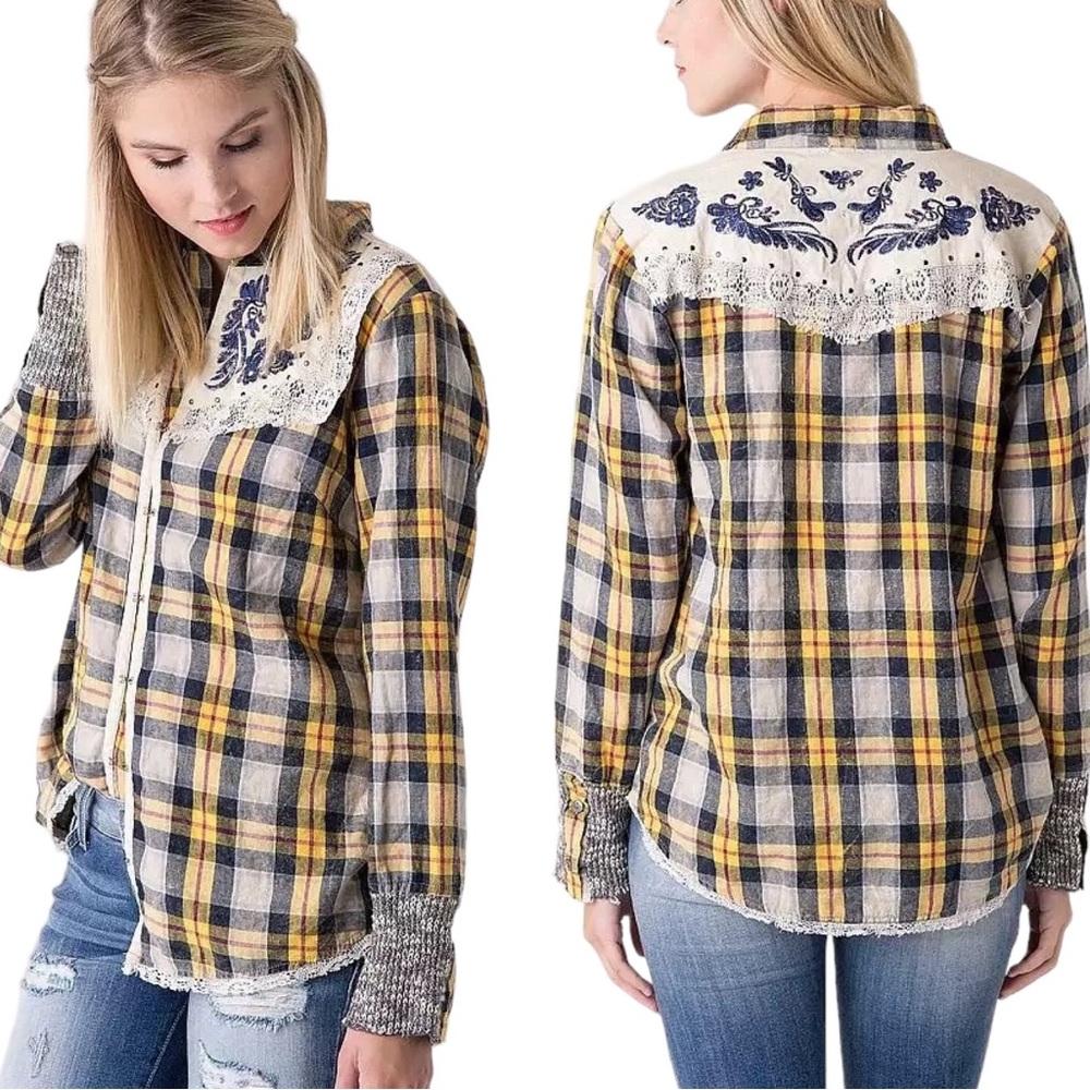 GIMMICKS BY BKE: Yellow Flannel Plaid Open Style Embroidered Shirt - Size Large